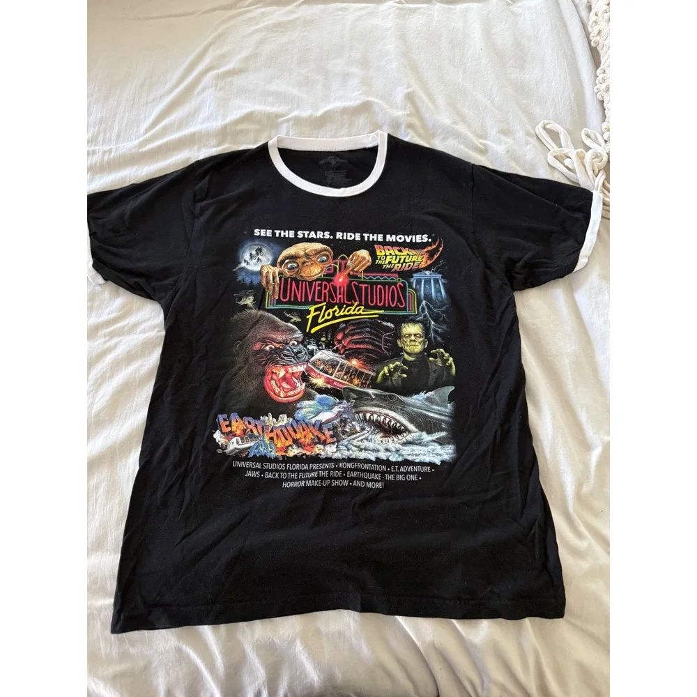 Universal Studios Florida Jaws Kong Back to the Future Ride Graphic Ringer Tee L